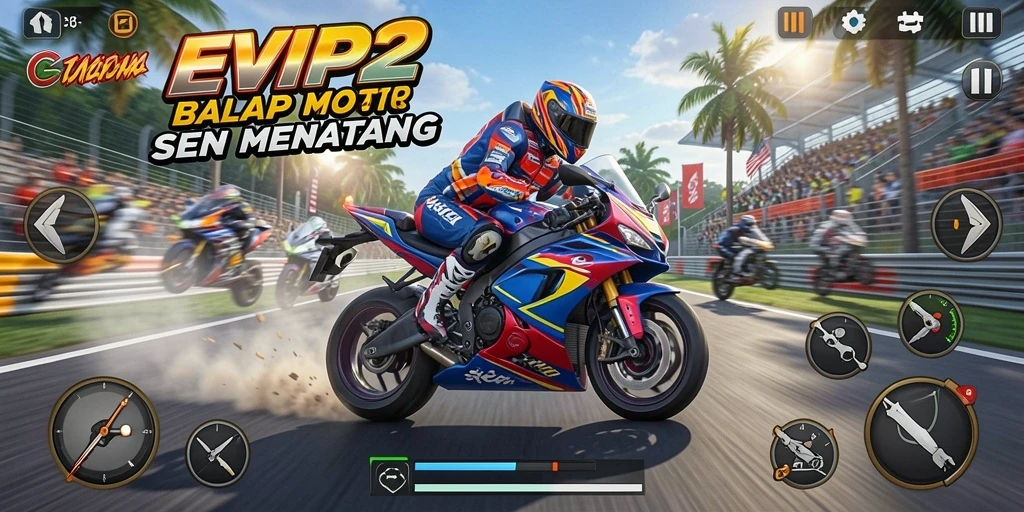Tampilan gameplay EVIP2 dengan motor balap yang memukau.