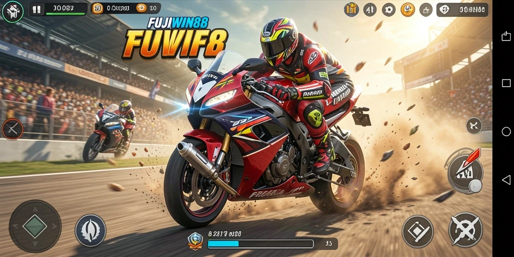 Gameplay seru FUJIWIN88 dengan balapan motor yang menegangkan.