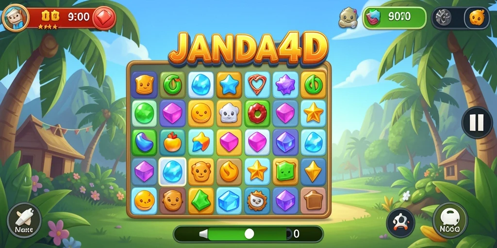 Tampilan gameplay JANDA4D dengan kombinasi warna-warni elemen Match-3.