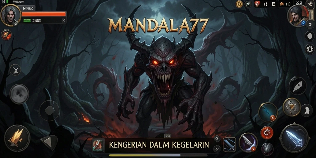 Screenshot gameplay MANDALA77 dengan suasana menyeramkan yang mendebarkan.