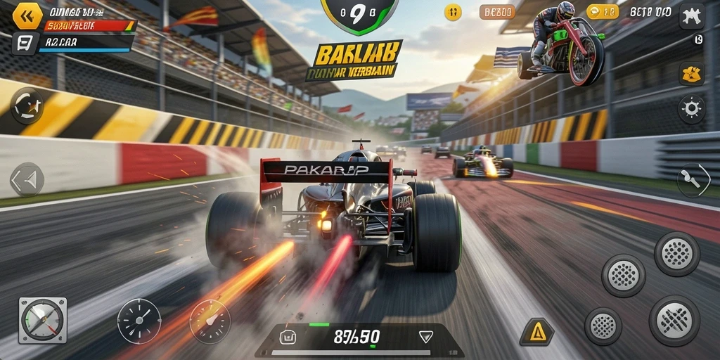 Screenshot utama gameplay PAKARJP dengan mobil balap yang melaju kencang.